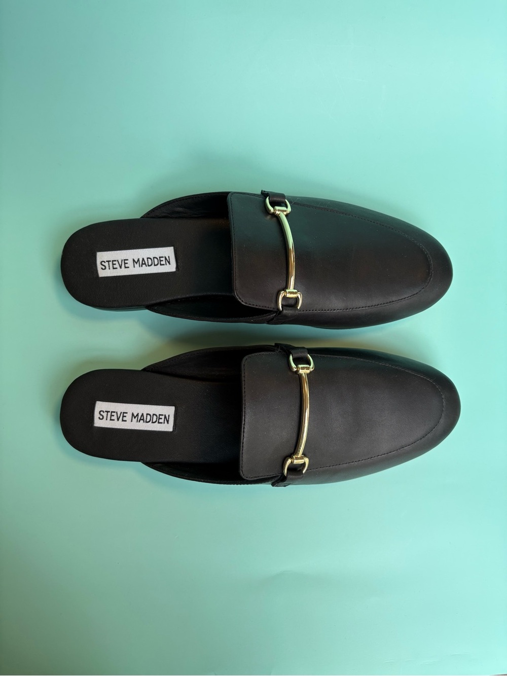 Steve Madden Galilea Black Leather Slip-On Mules with Gold Accent